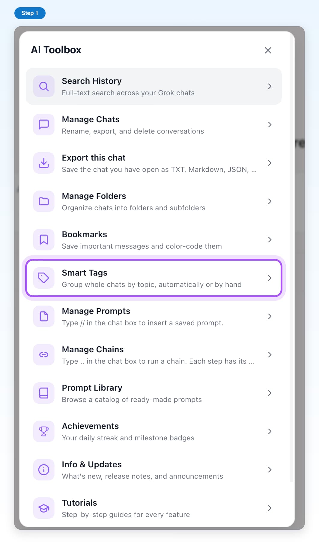 The AI Toolbox window on Grok with its list of features and the Smart Tags row highlighted