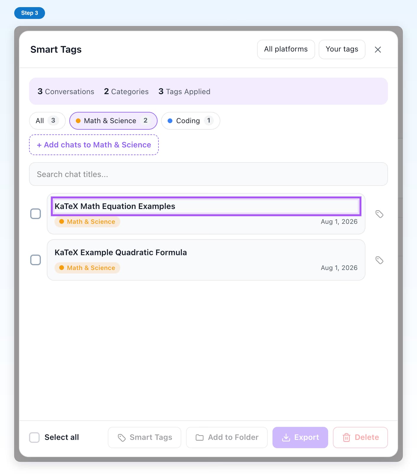 A chat title highlighted in the Smart Tags list; click it to open the chat
