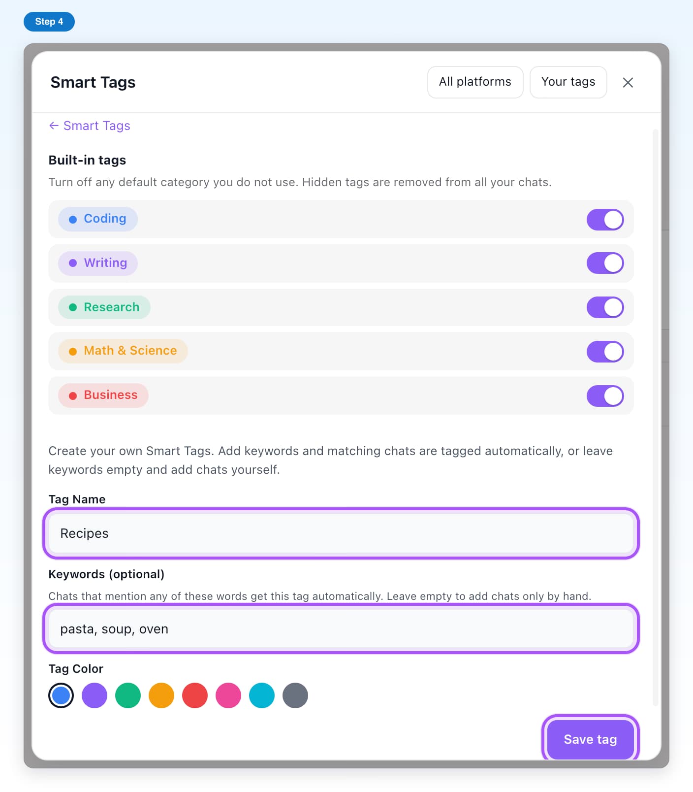 Your tags on Grok with the tag name Recipes, keywords pasta, soup, oven, and Save tag highlighted