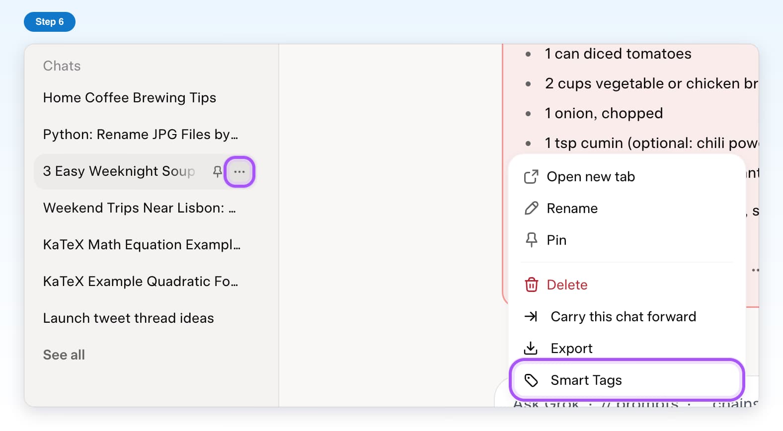 A chat's three-dot menu on grok.com with Smart Tags highlighted below Carry this chat forward and Export
