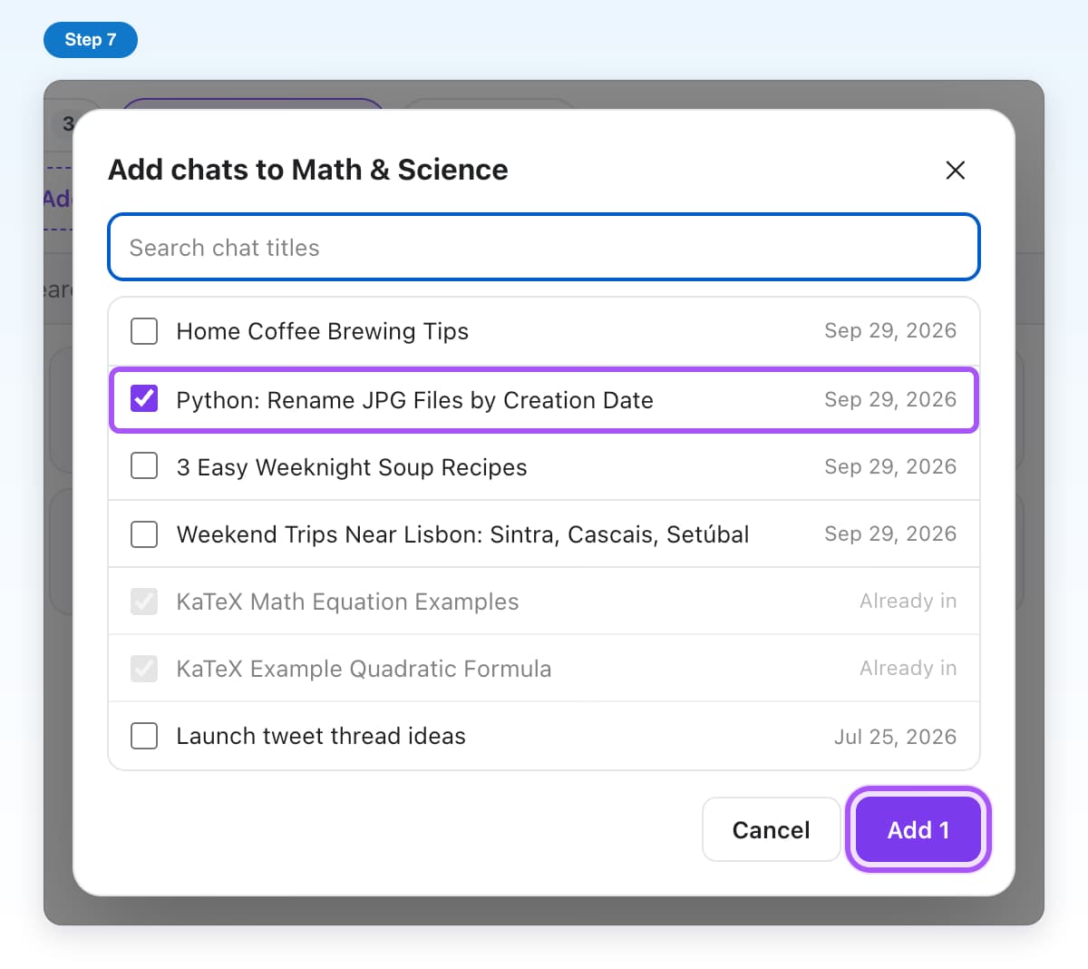 Add chats to Math and Science with one chat ticked, chats already in the tag greyed out, and Add 1 highlighted
