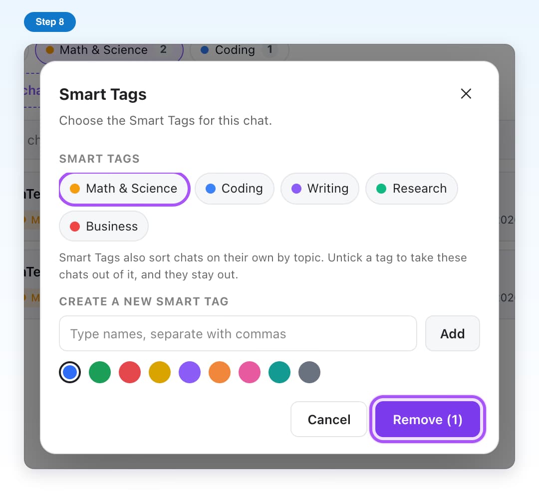 The chat's Smart Tags window with Math and Science unticked and the Remove (1) button highlighted