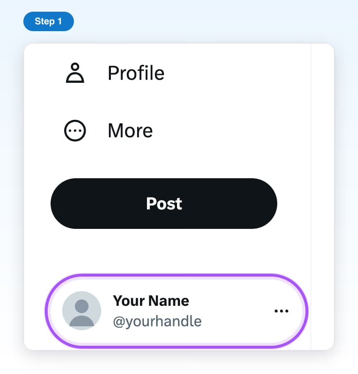 The bottom-left corner of x.com with the account name and its @handle highlighted