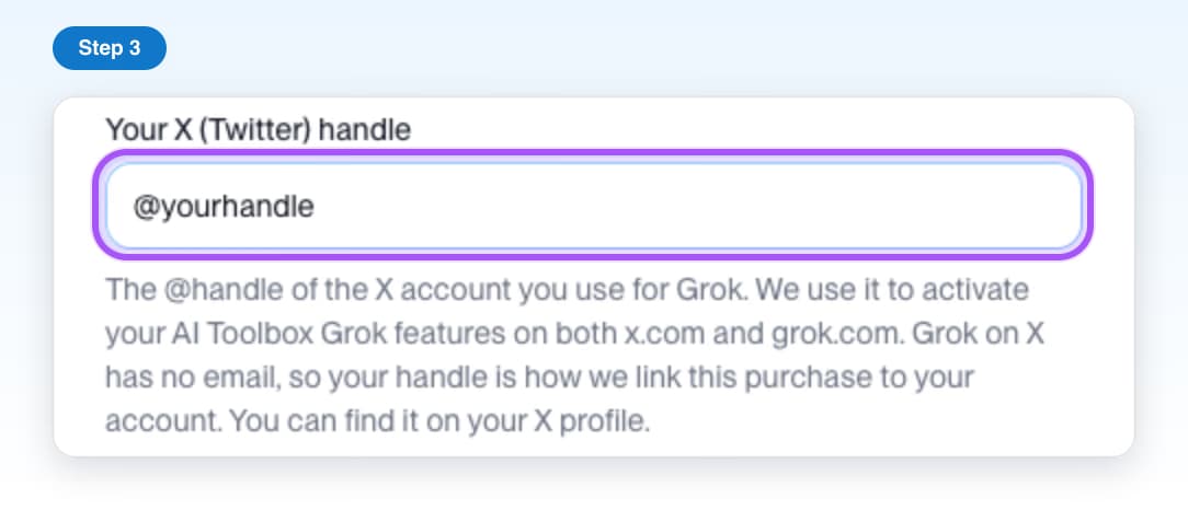The X handle field at checkout, highlighted, with @yourhandle typed in and a note on how it is used