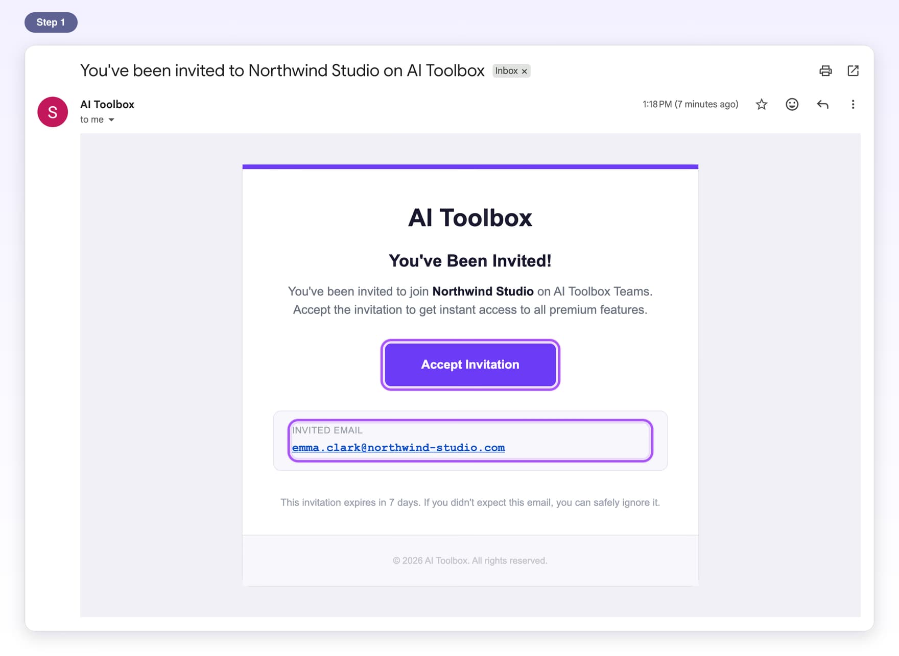The invite email from AI Toolbox with the Accept Invitation button and the Invited Email address highlighted