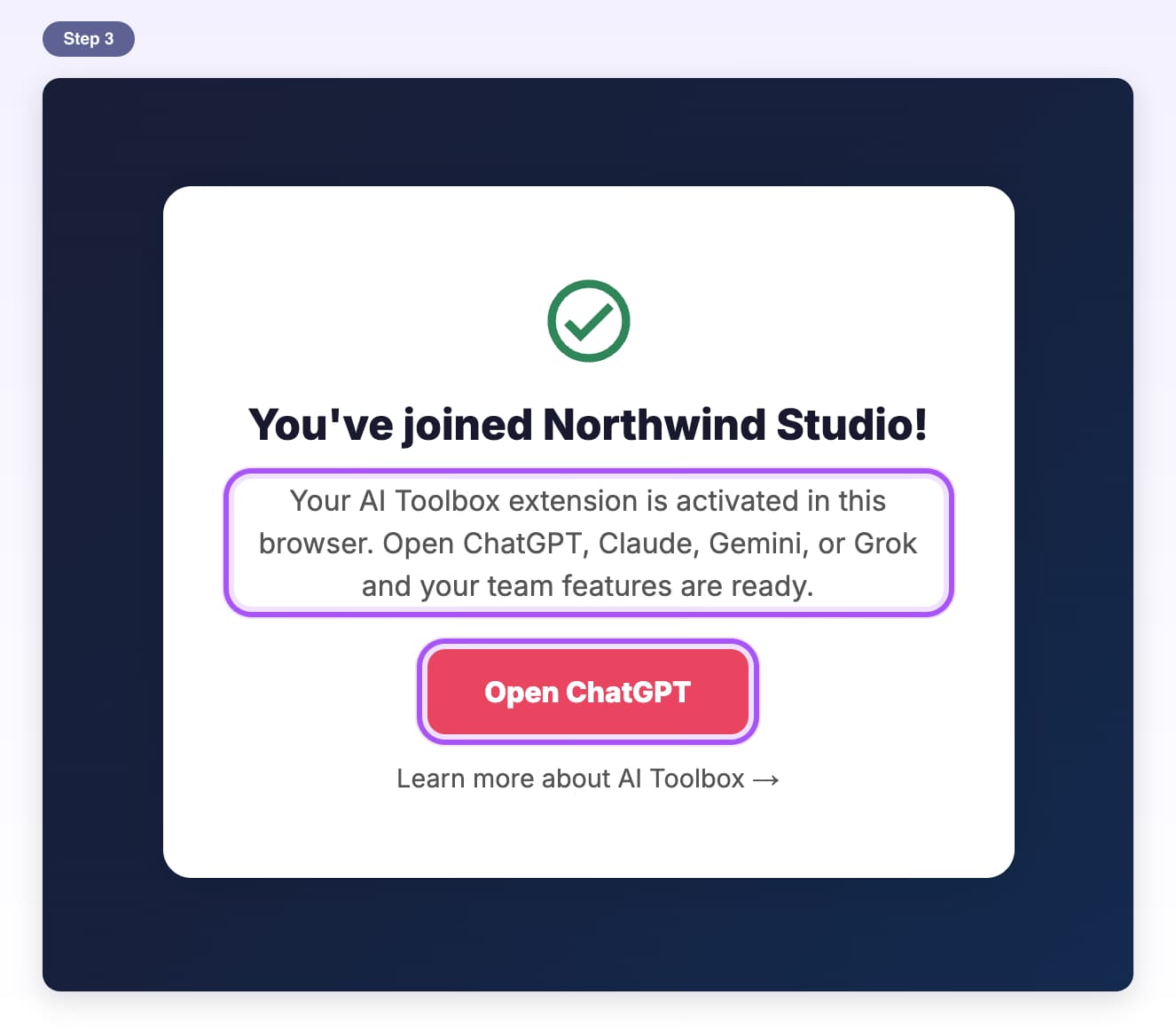 Your AI Toolbox extension is activated in this browser, highlighted with the Open ChatGPT button below it