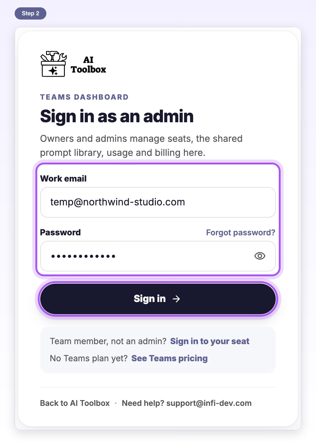 Work email and temporary password filled in, with the Sign in button highlighted