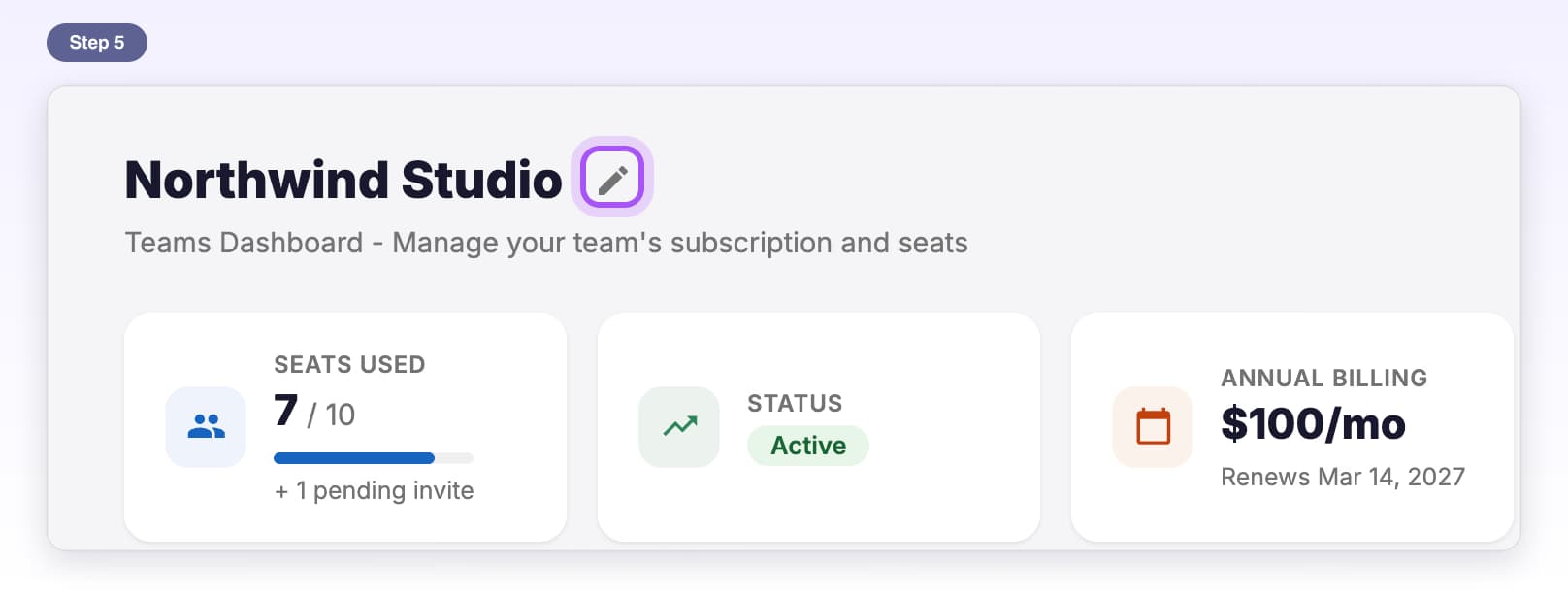The pencil icon next to the team name on Overview, highlighted, for renaming the team