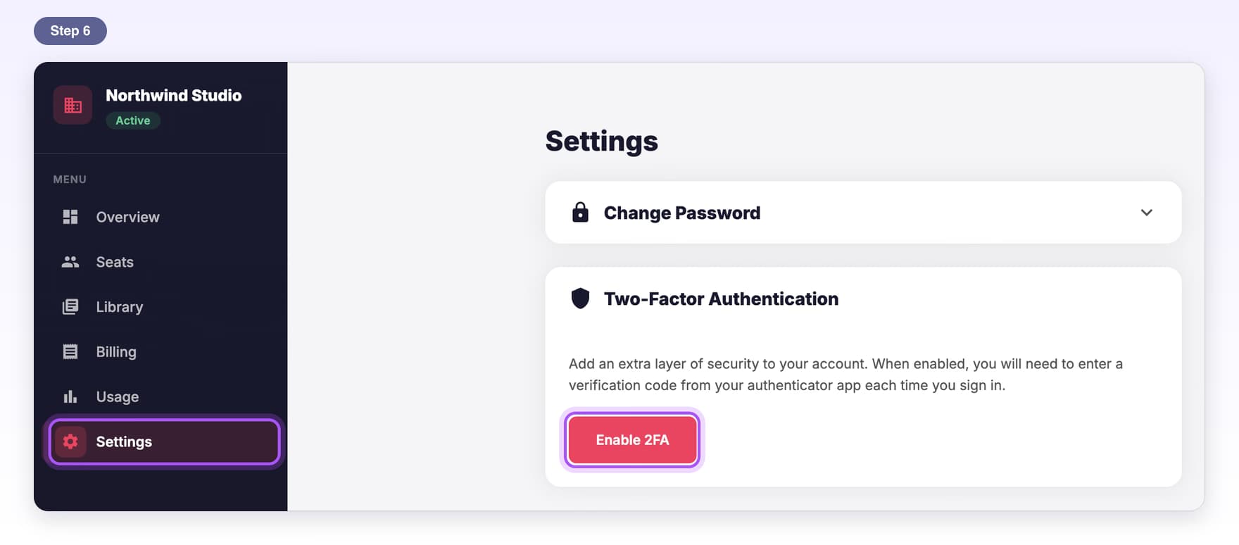 Settings in the dashboard menu and the Enable 2FA button under Two-Factor Authentication, highlighted