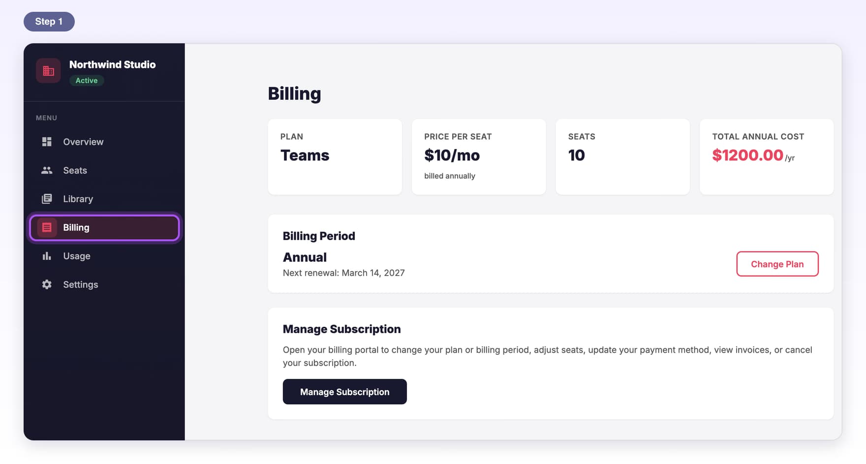 Billing highlighted in the dashboard menu, opening the Billing page