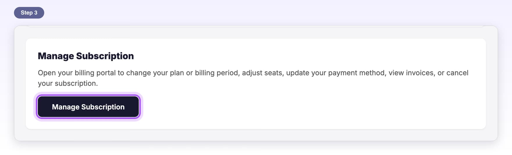 The Manage Subscription button highlighted, which opens the billing portal