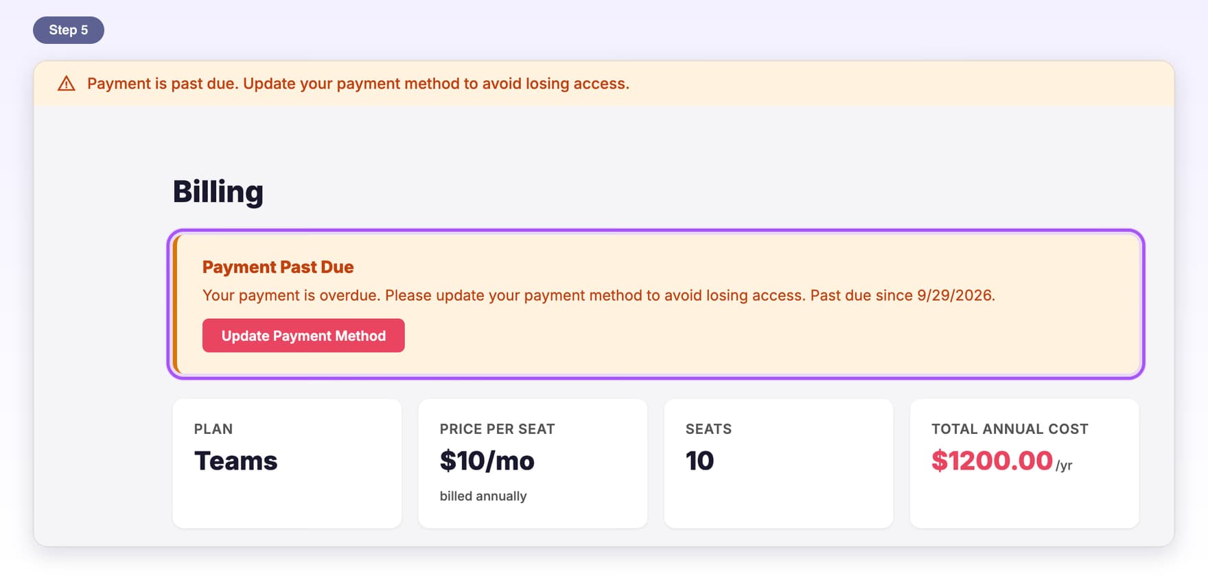 The Billing page with the Payment Past Due warning and its Update Payment Method button highlighted