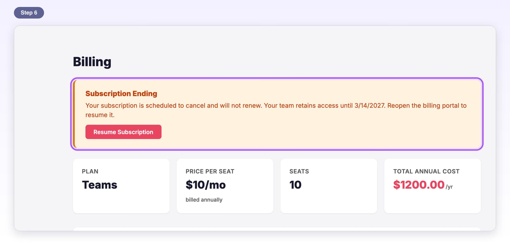 The Billing page with the Subscription Ending notice, the date access ends and the Resume Subscription button highlighted