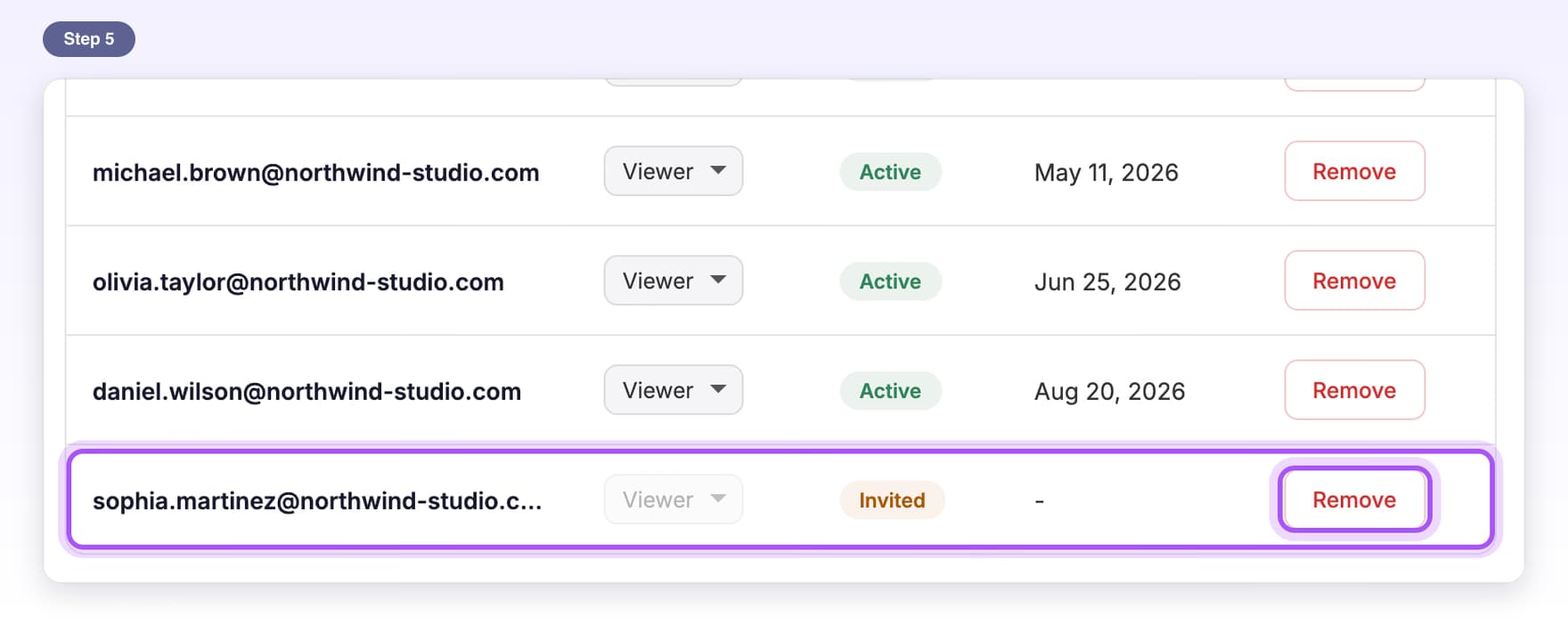 A row with the status Invited and its Remove button highlighted, used before sending the invite again