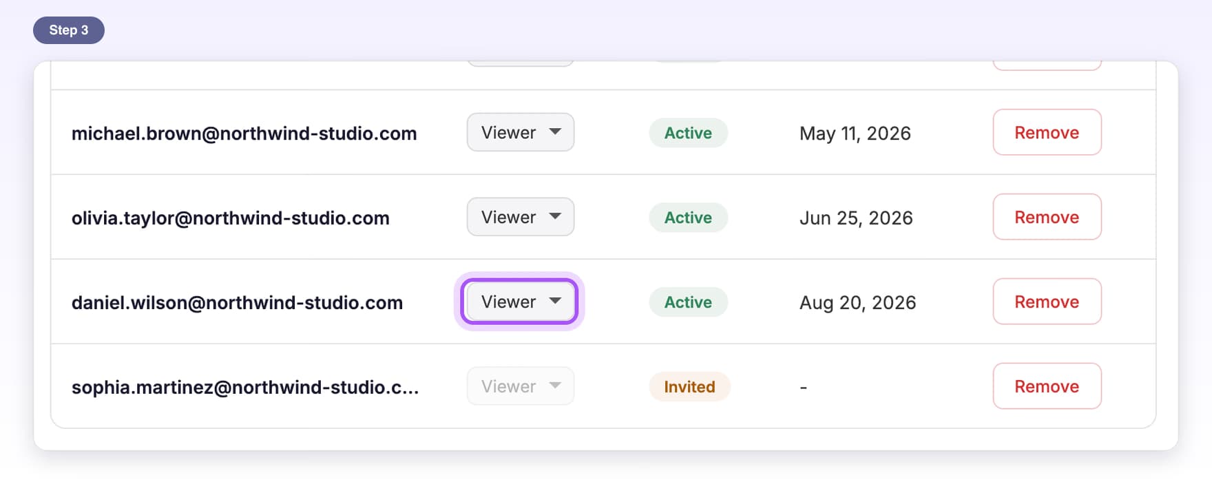 The role menu in a member's row highlighted; click it to choose Admin, Editor or Viewer