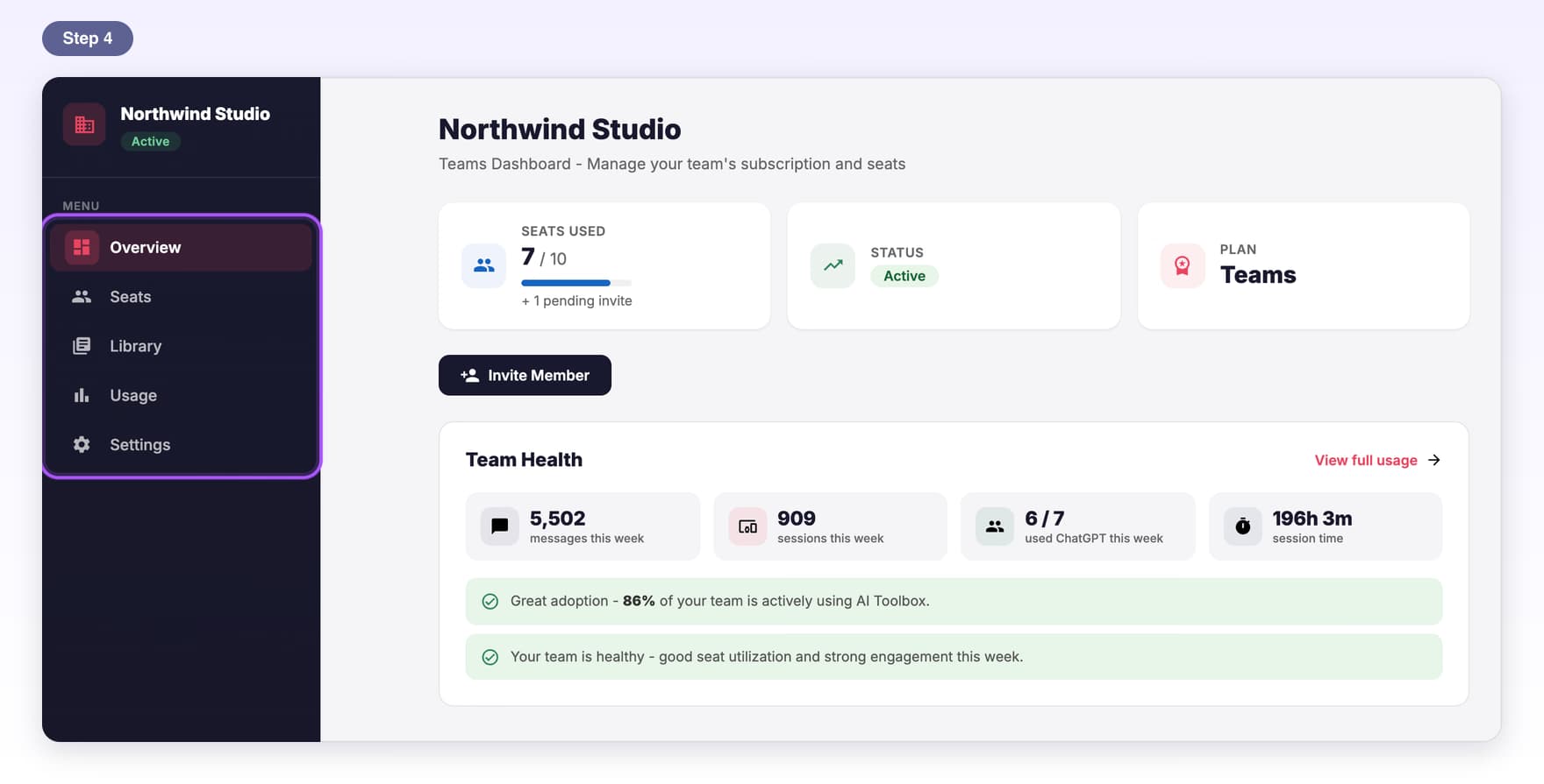 The dashboard as an admin sees it: Overview, Seats, Library, Usage and Settings in the menu, with no Billing