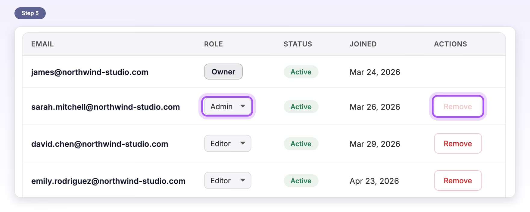 An admin's role menu and the grayed-out Remove button highlighted; change the role first, then remove