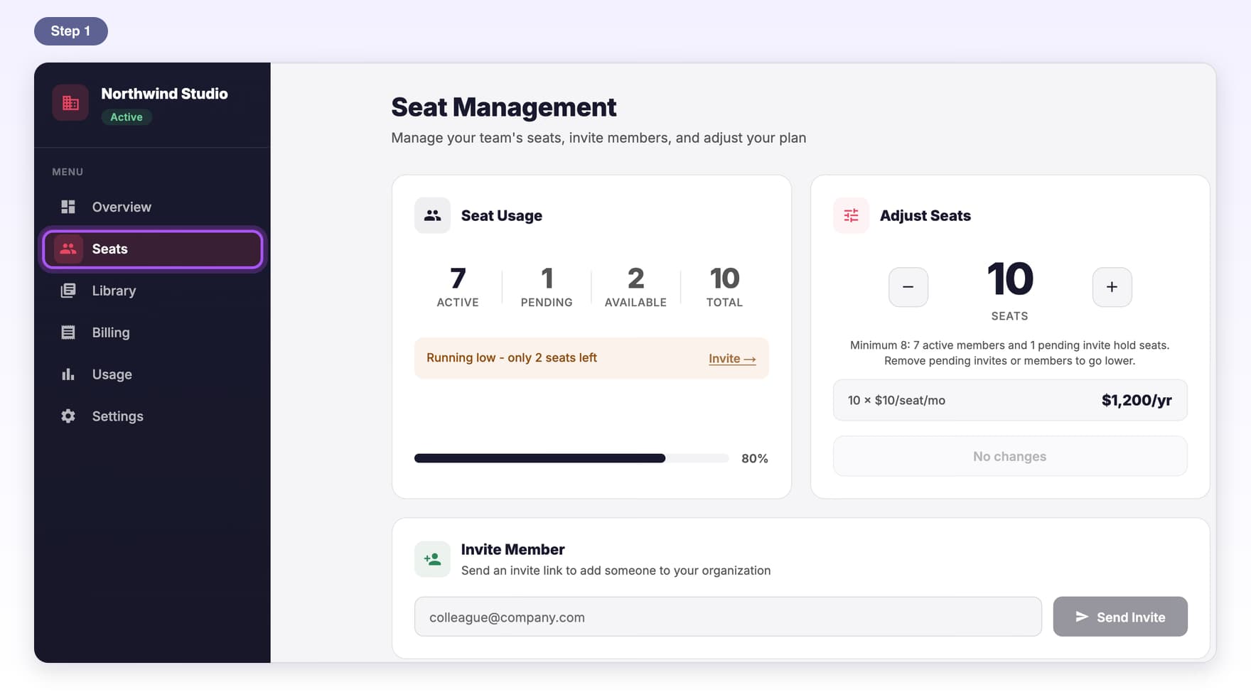 The Teams dashboard with Seats highlighted in the menu on the left, opening Seat Management