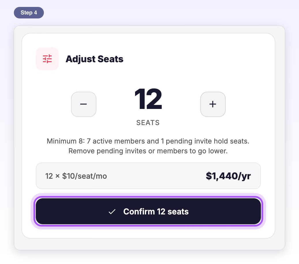 After adding two seats, the price line shows 12 seats and the Confirm 12 seats button is highlighted