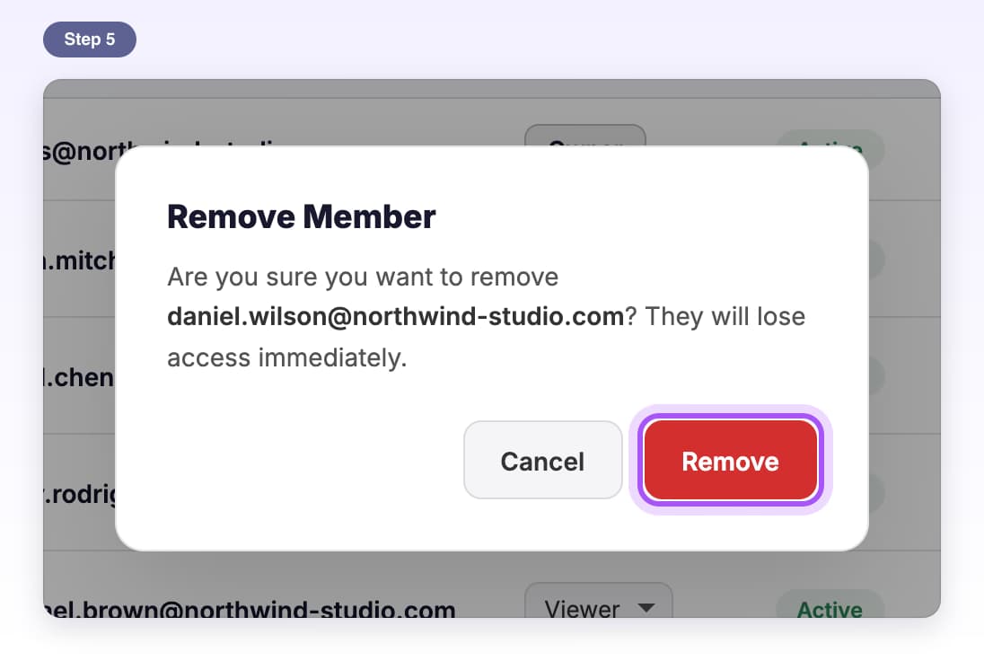 The Remove Member window asking to confirm, with the Remove button highlighted