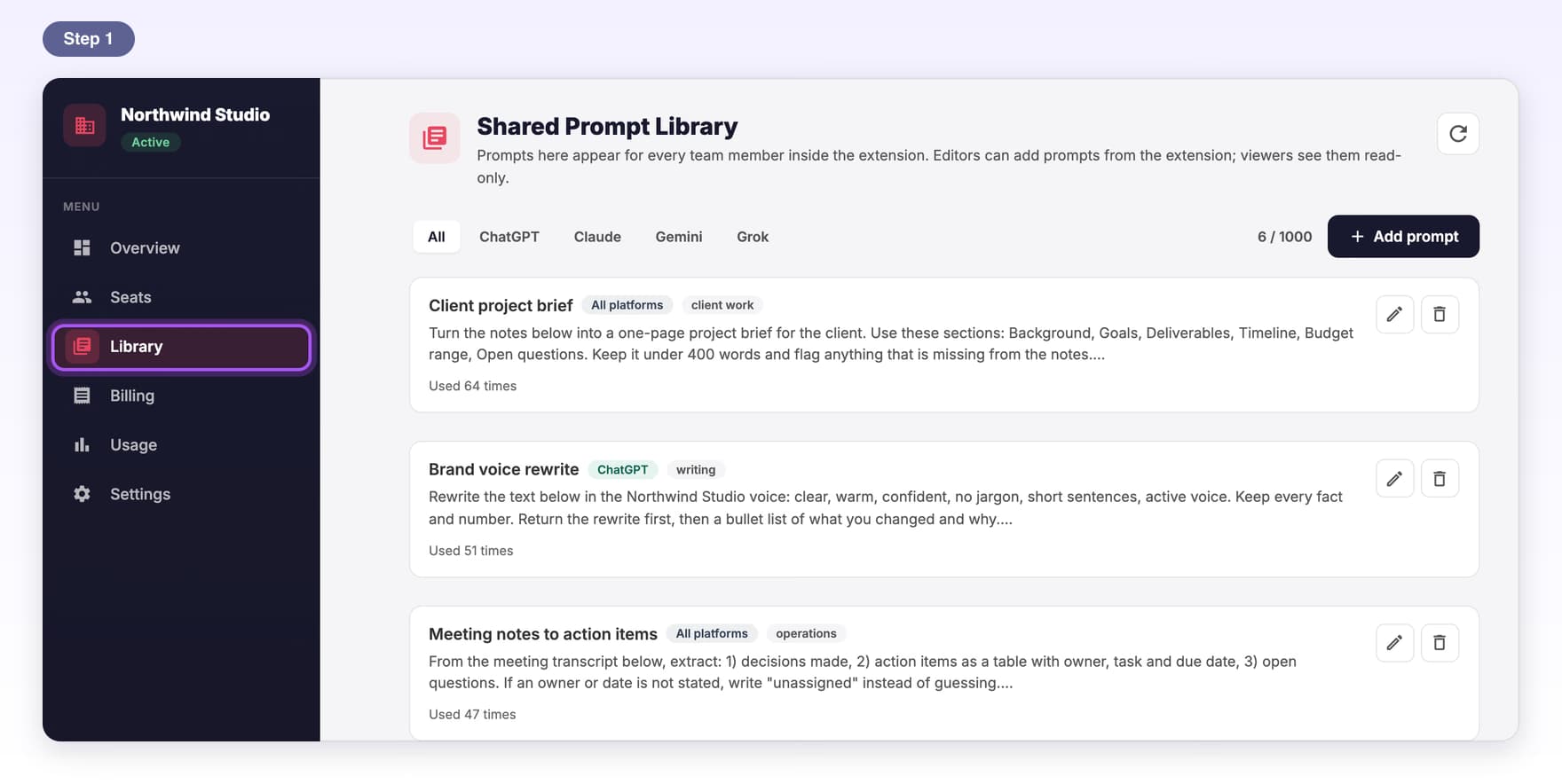 Library highlighted in the dashboard menu, opening the Shared Prompt Library