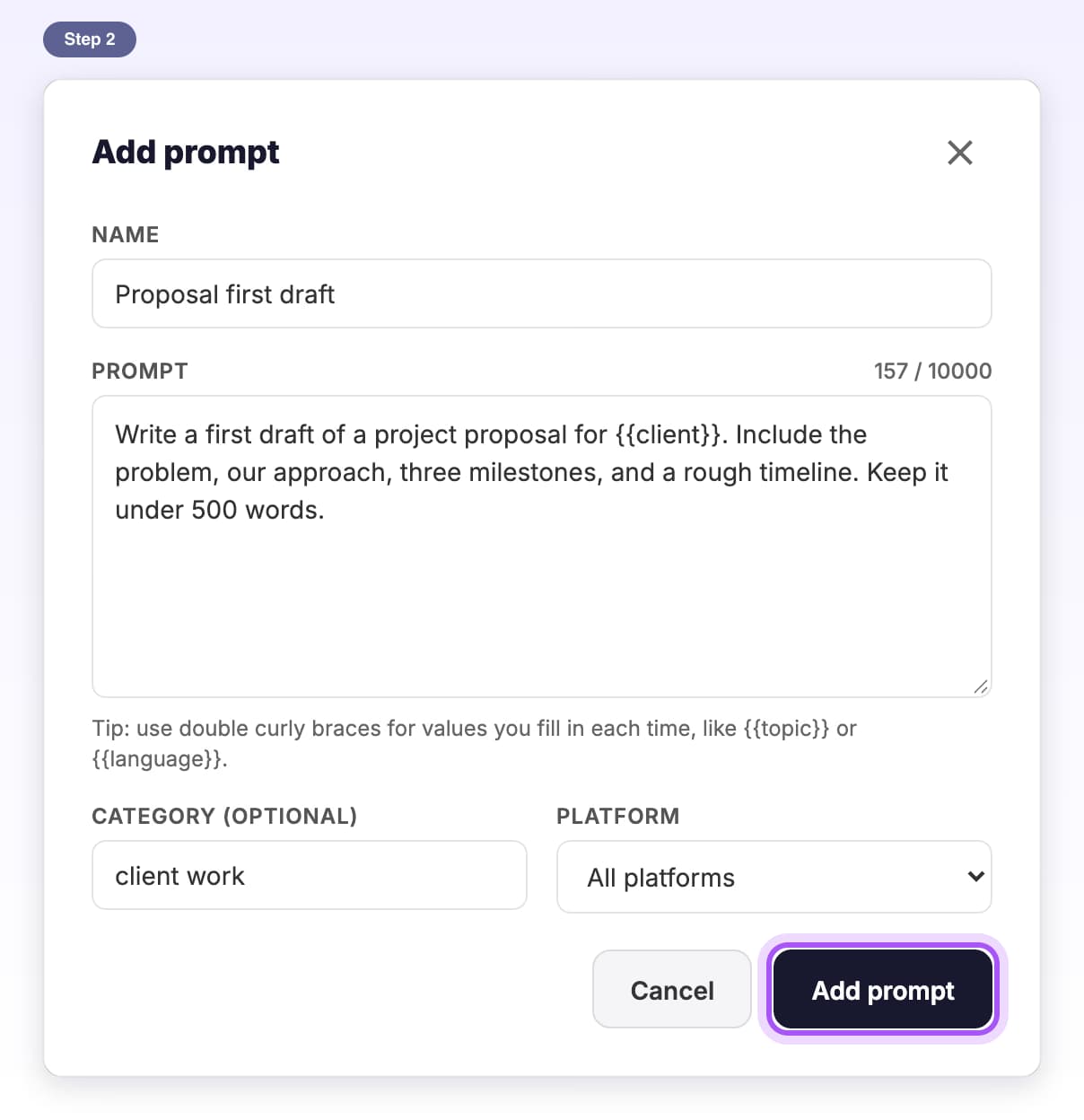 The Add prompt window filled in with a name, the prompt text, a category and platform, and Add prompt highlighted