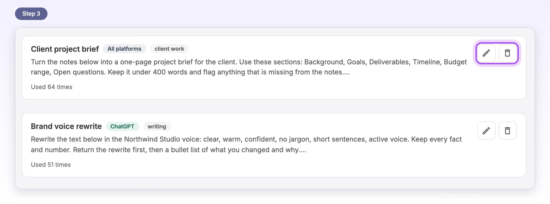 The pencil and trash icons on a shared prompt highlighted, for editing or deleting it