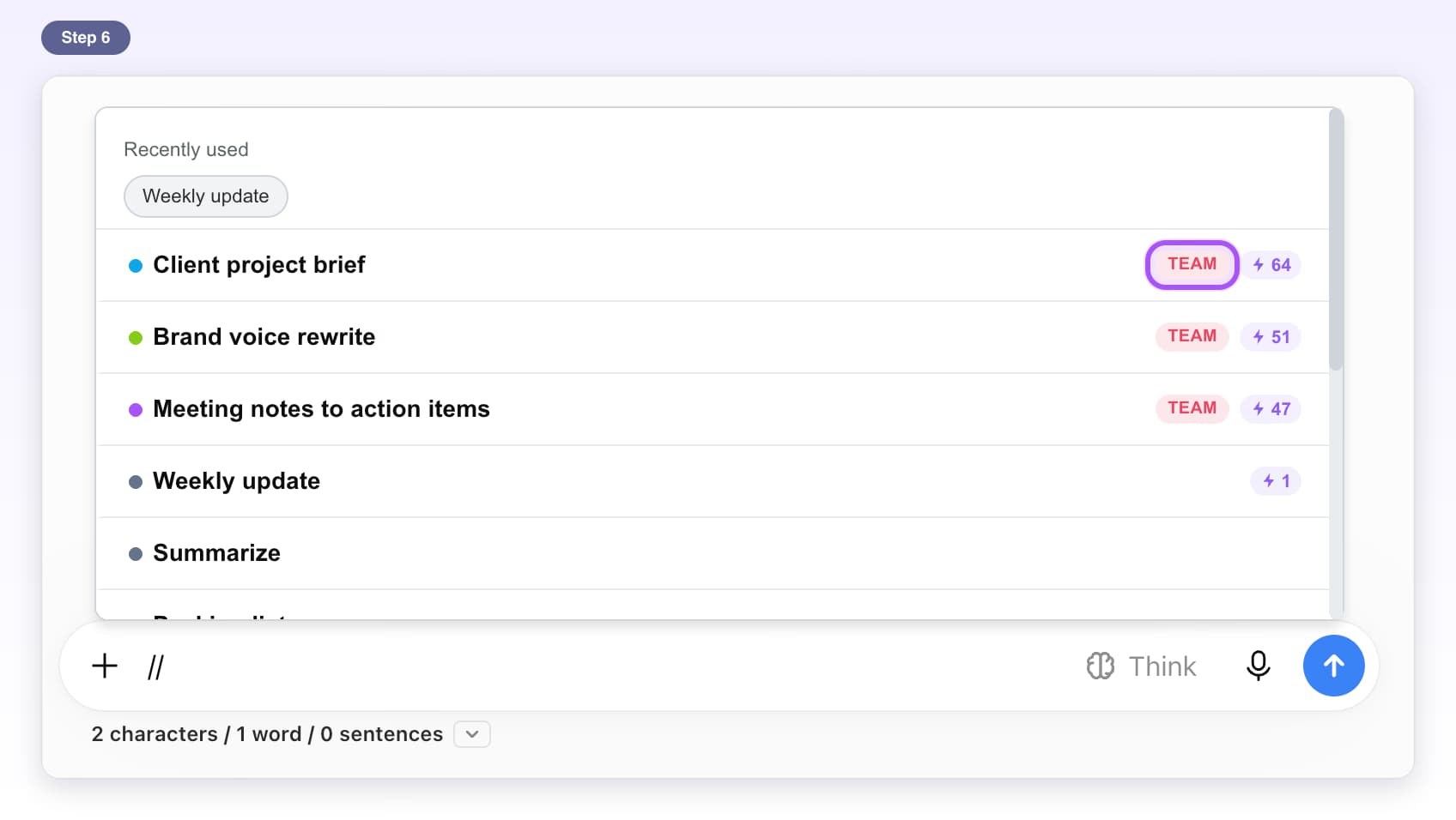 The // list on ChatGPT showing team prompts marked with a Team badge, the first badge highlighted