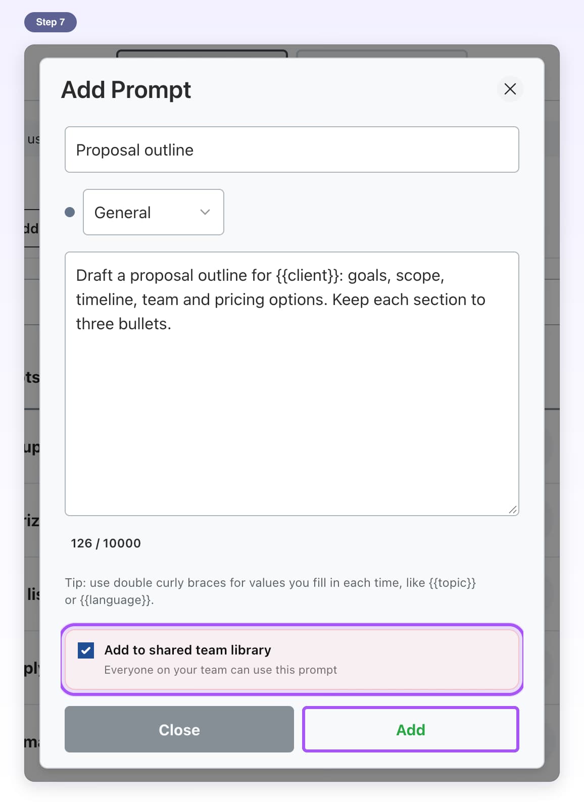 The Add Prompt window on ChatGPT with Add to shared team library ticked and the Add button highlighted