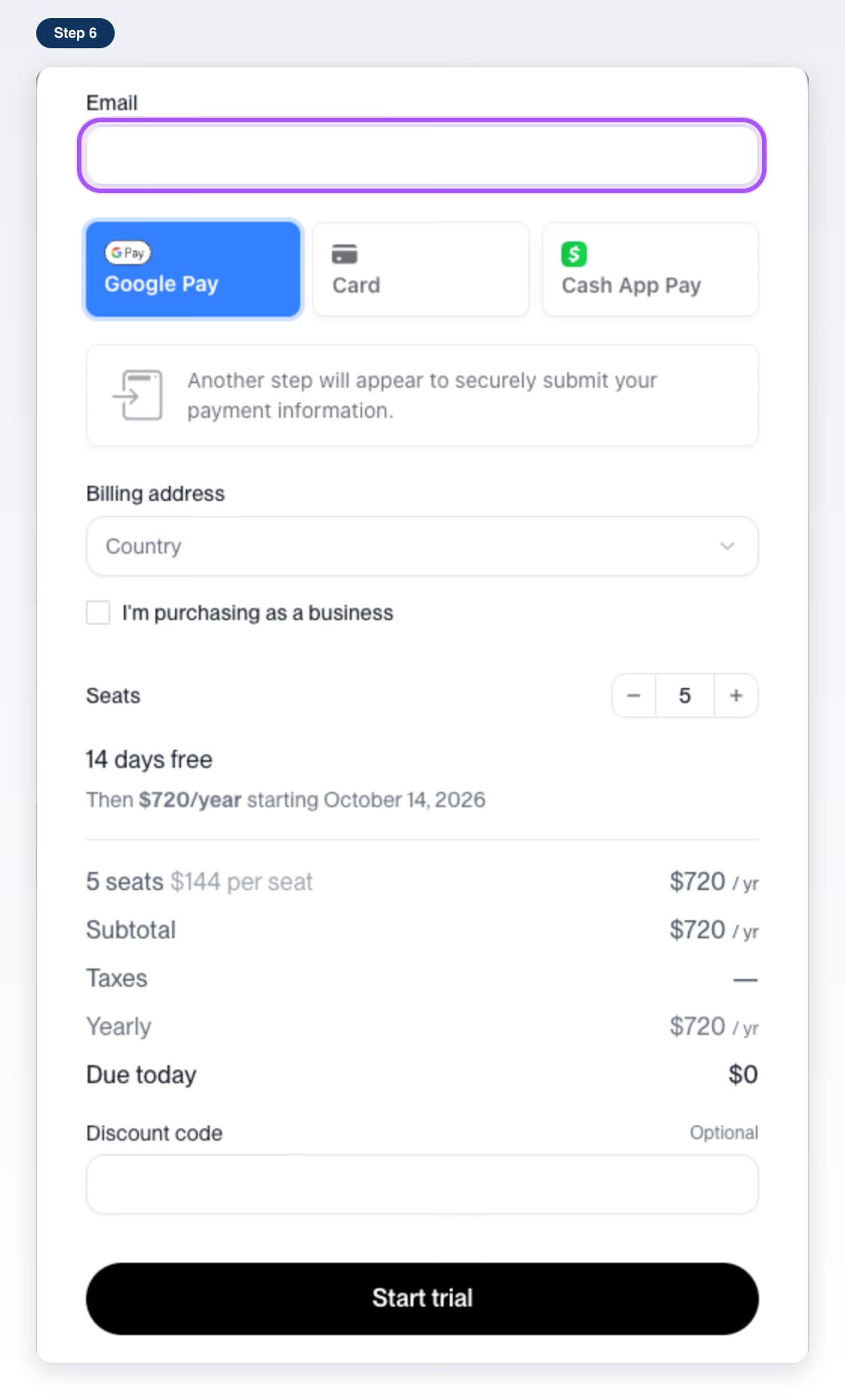 Polar's checkout window for 5 seats with the Email field highlighted, 14 days free and $0 due today