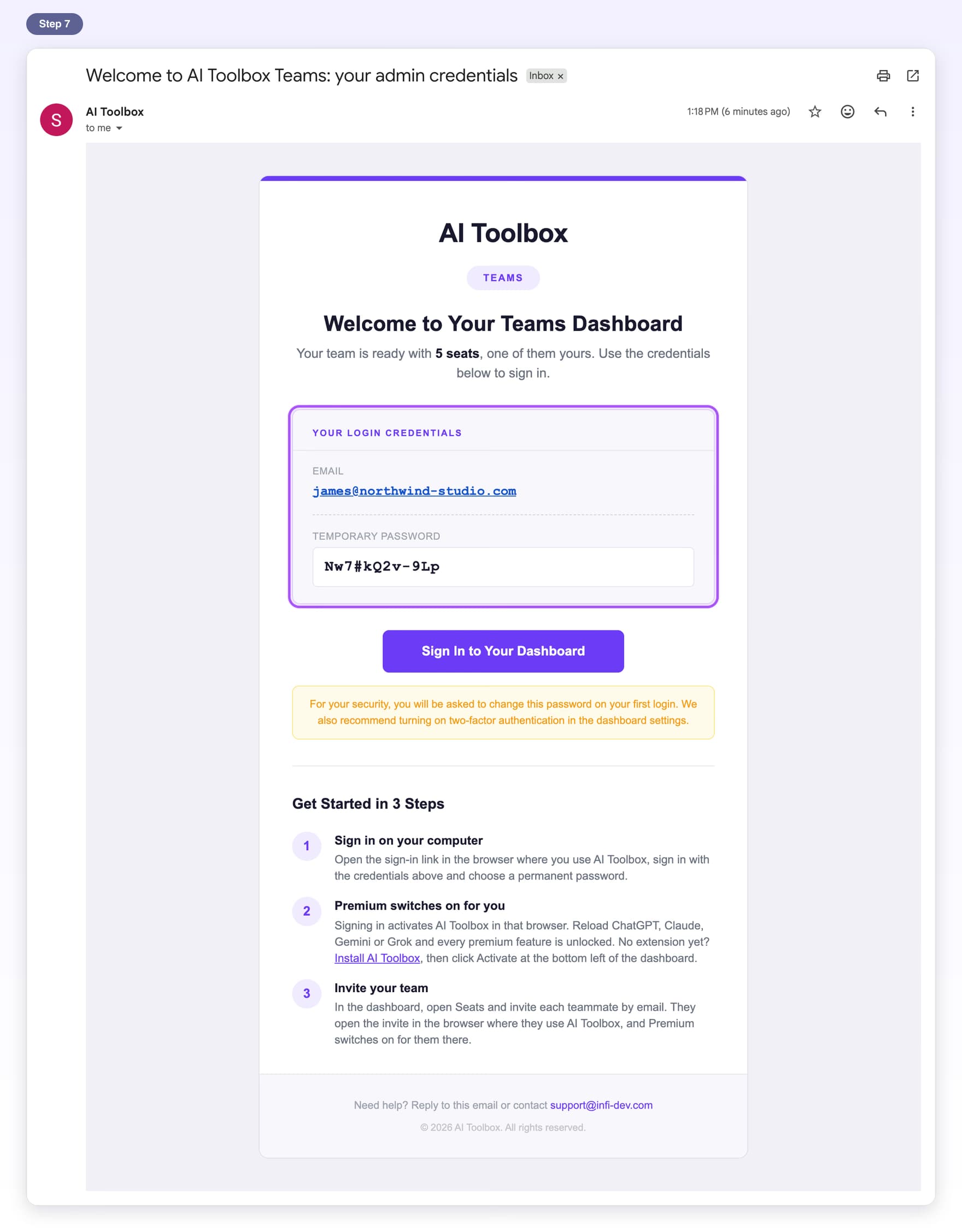 The welcome email in the inbox, with the login credentials box highlighted: work email and temporary password