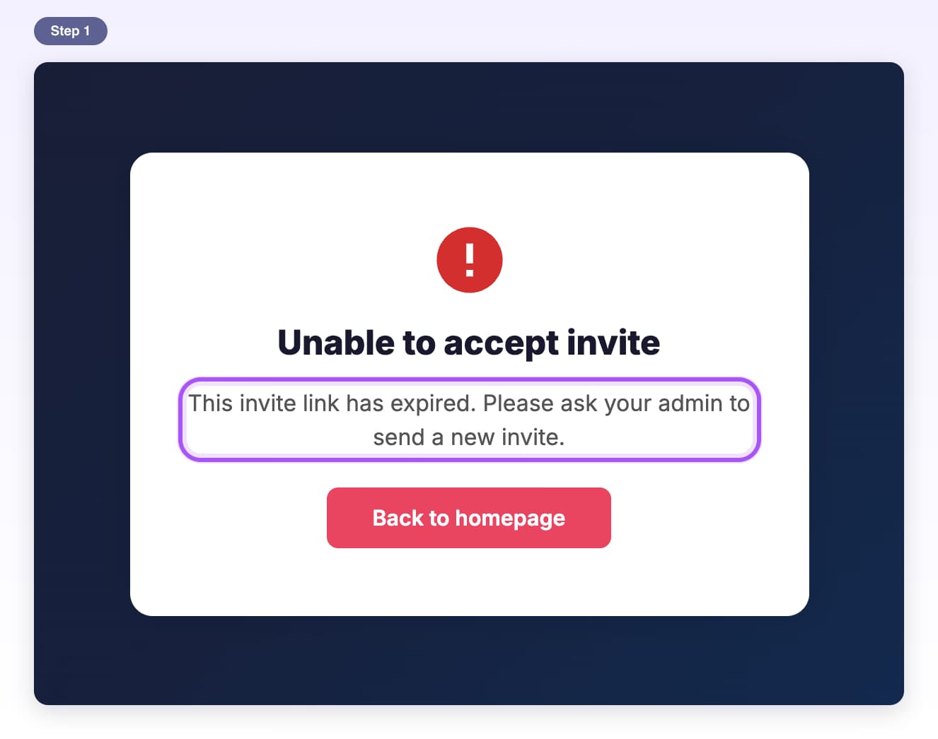 The invite page saying This invite link has expired. Please ask your admin to send a new invite, highlighted