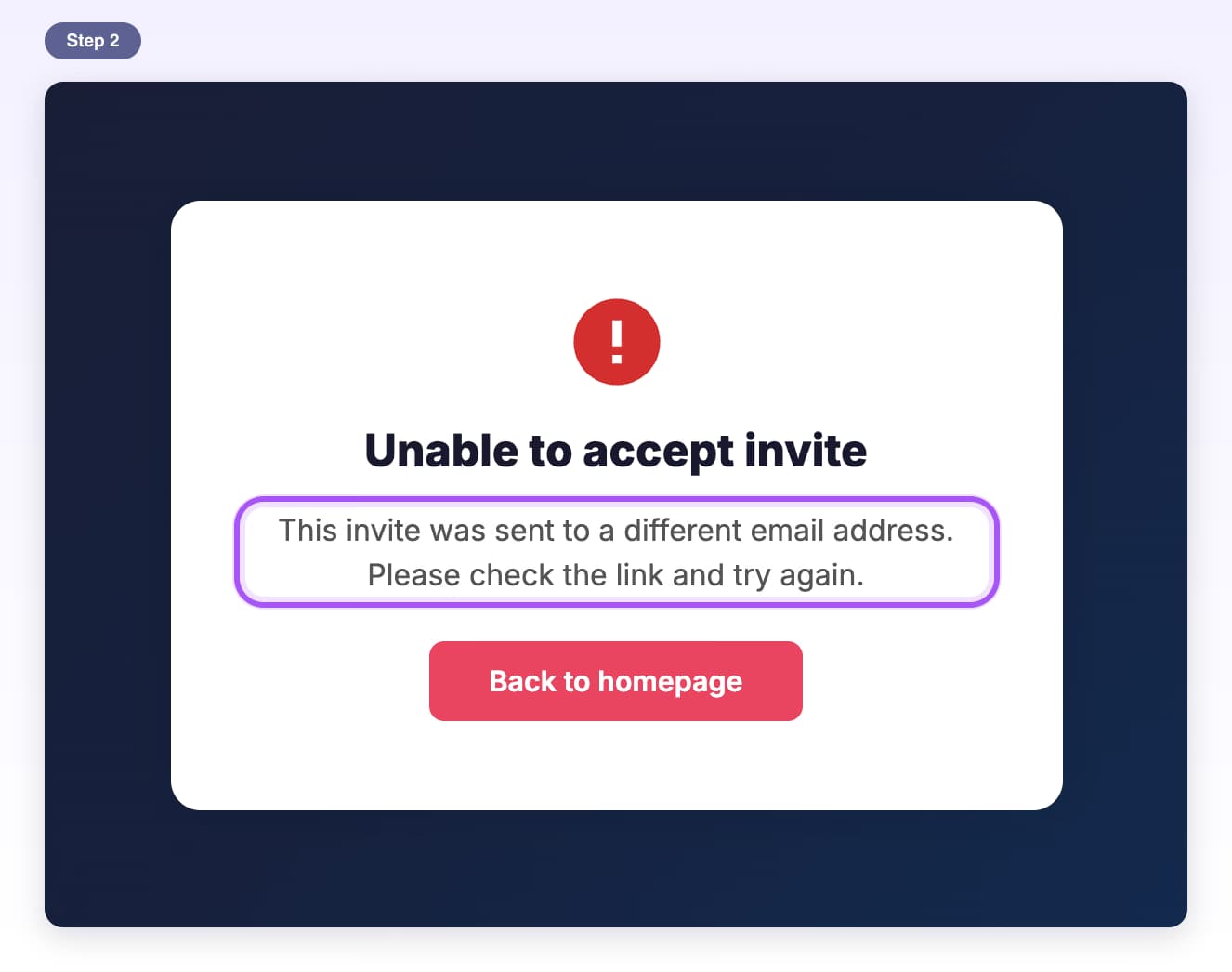 The invite page saying This invite was sent to a different email address. Please check the link and try again, highlighted