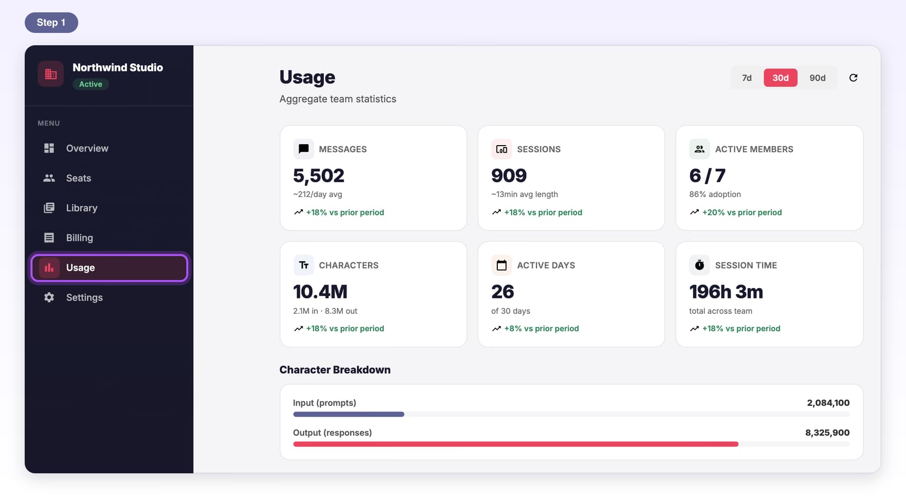 Usage highlighted in the dashboard menu, opening the team's usage statistics