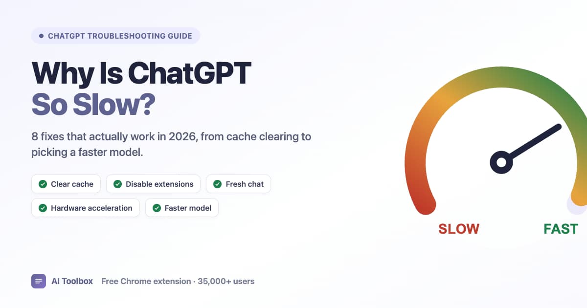 Why is ChatGPT so slow? A speedometer needle moving from slow to fast, with the 8 fixes summarized: clear cache, disable extensions, fresh chat, hardware acceleration, and faster model.