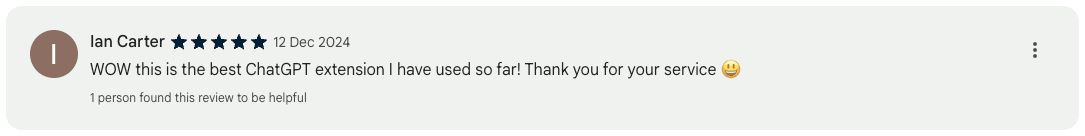 A review from a ChatGPT Toolbox user, giving 5-star review on the Chrome Web Store.