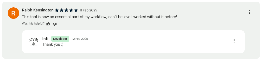 A review from a ChatGPT Toolbox user, giving 5-star review on the Chrome Web Store.