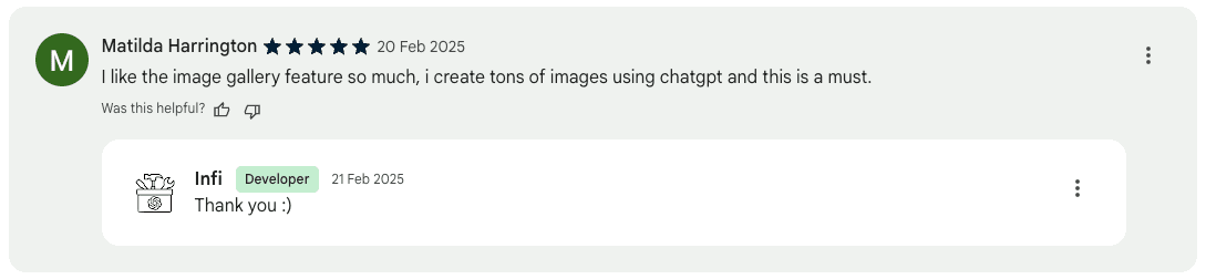 A review from a ChatGPT Toolbox user, giving 5-star review on the Chrome Web Store.