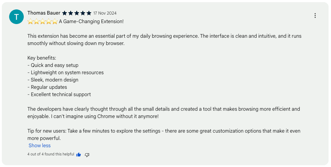 A review from a ChatGPT Toolbox user, giving 5-star review on the Chrome Web Store.