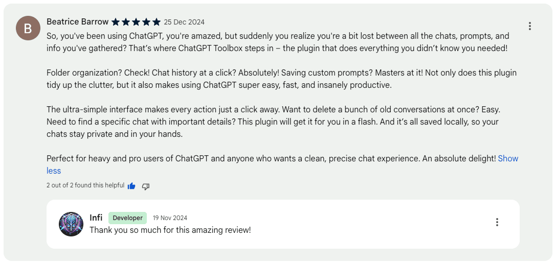 A review from a ChatGPT Toolbox user, giving 5-star review on the Chrome Web Store.