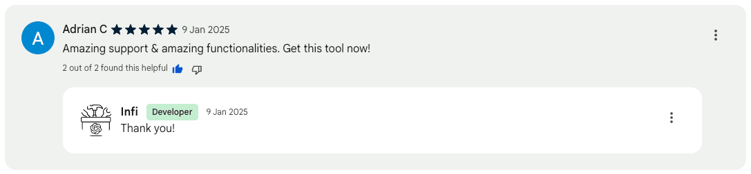A review from a ChatGPT Toolbox user, giving 5-star review on the Chrome Web Store.