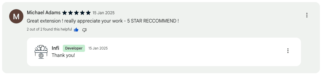 A review from a ChatGPT Toolbox user, giving 5-star review on the Chrome Web Store.
