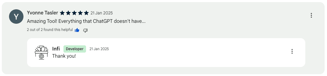 A review from a ChatGPT Toolbox user, giving 5-star review on the Chrome Web Store.