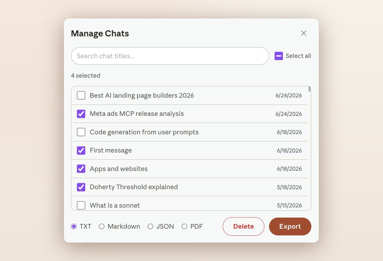 AI Toolbox Manage Chats on Claude with four conversations selected and TXT, Markdown, JSON and PDF options above Delete and Export buttons