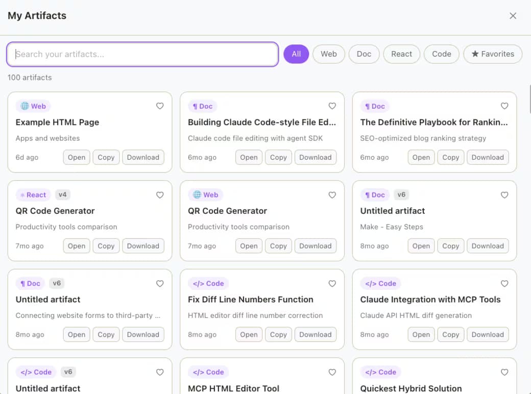 AI Toolbox My Artifacts on Claude: 100 artifacts as cards with Web, Doc, React and Code filters, each with Open, Copy and Download buttons