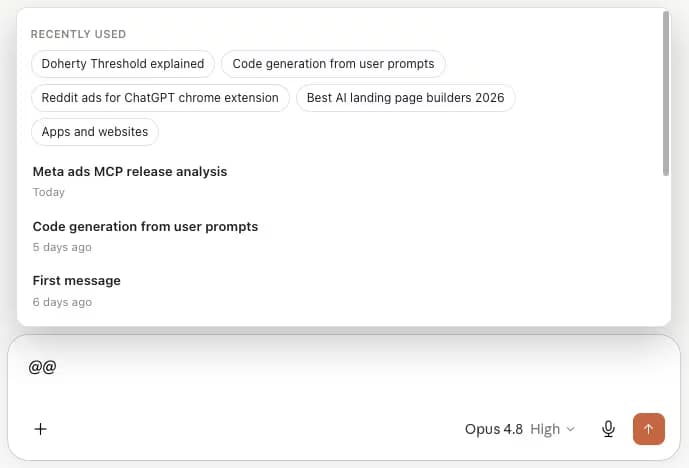 Typing @@ in the Claude composer opens the AI Toolbox Context Mentions picker with recently used and recent conversations