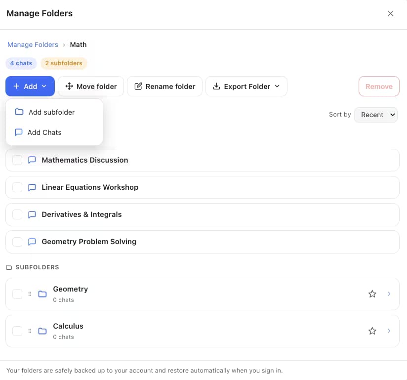 AI Toolbox Manage Folders modal on Gemini showing a folder with chats, subfolders, and add, rename, and export folder actions