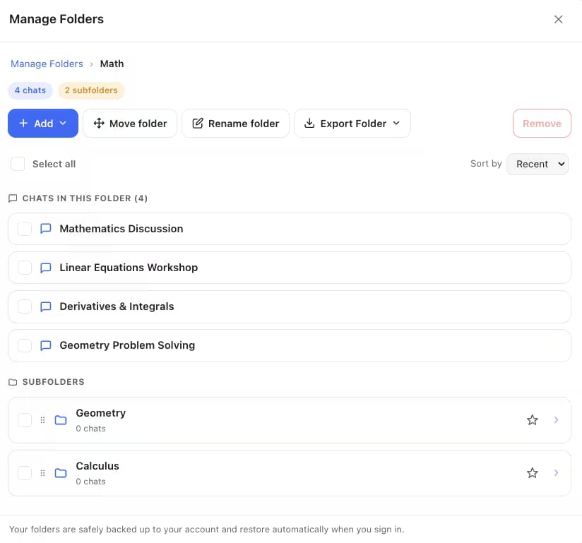 AI Toolbox Manage Folders on claude.ai showing a Math folder with four chats and Geometry and Calculus subfolders, plus Add, Move folder, Rename folder and Export Folder buttons
