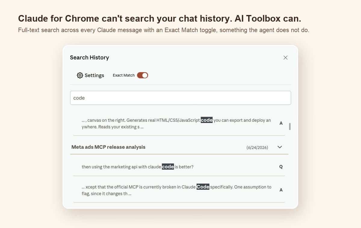 AI Toolbox Search History on Claude with Exact Match on and the query code highlighted inside messages of a Meta ads MCP analysis conversation, each result labelled Q or A