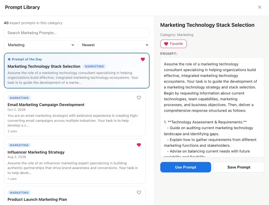 AI Toolbox Prompt Library on Claude showing 40 Marketing prompts, a Prompt of the Day and a Marketing Technology Stack Selection prompt with Use Prompt and Save Prompt buttons
